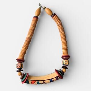 Vintage Hand Painted Wooden Statement Necklace Boho Tribal Art Eclectic Jewelry